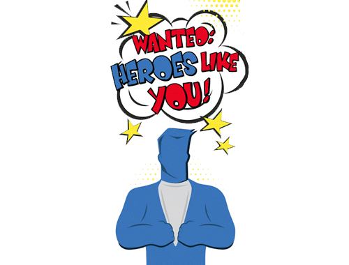 Comic-Superheld mit Sprechblase "Wanted Heros like you"